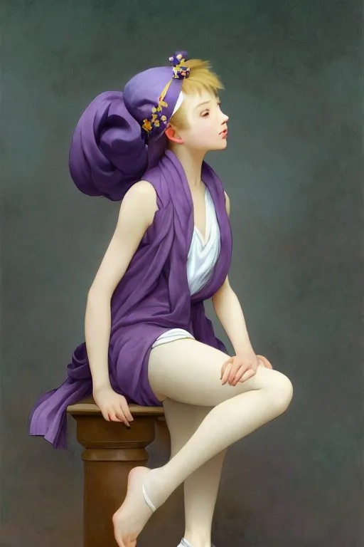 Image similar to Full View girl with short blond hair wearing an oversized purple Beret, Baggy Purple overall shorts, Short Puffy pants made of silk, silk shoes, a big billowy scarf, Golden Ribbon, and white leggings Covered in stars. Short Hair. masterpiece 4k digital illustration by Ruan Jia and Mandy Jurgens and Artgerm and william-adolphe bouguereau, award winning, Artstation, art nouveau aesthetic, Alphonse Mucha background, intricate details, realistic, panoramic view, Hyperdetailed, 8k resolution, intricate art nouveau