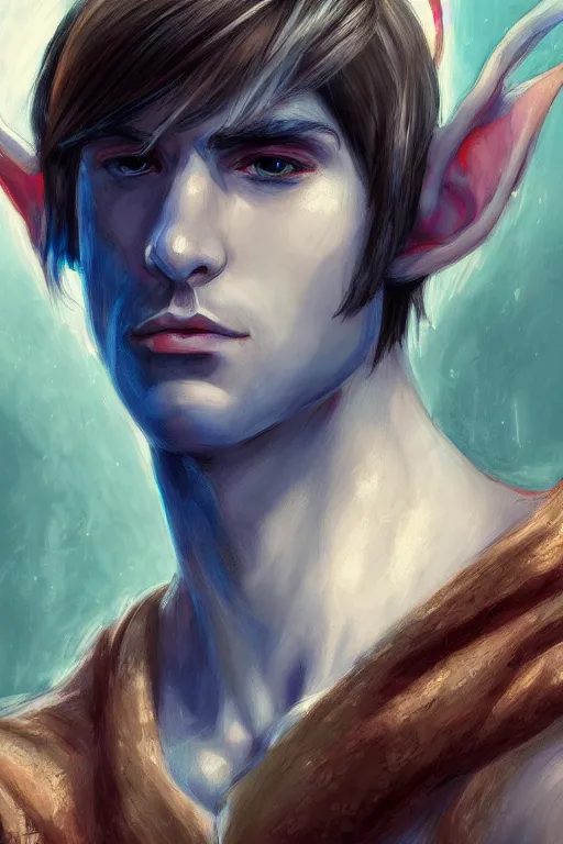 Prompt: A beautiful and complex half body portrait of a male elf, 4k hd wallpaper, Raphaelite, Trending on artstation, blue color scheme