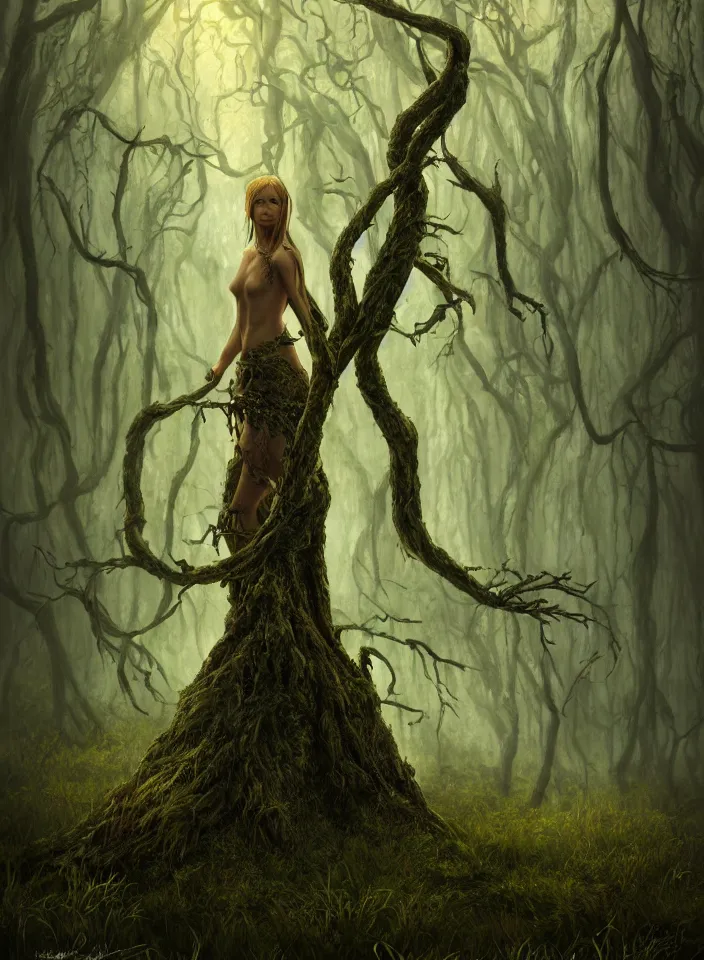 Image similar to a portrait of a dryad ent guarding the marshy swamps from skyrim, fantasy setting, cold environment, serene colors, soft lighting, atmospheric, cinematic, moody, in the style of diego koi, gina heyer, luiz escanuela, art by alyssa monk, hyperrealism, rule of thirds, golden ratio, oil on canvas, 8 k