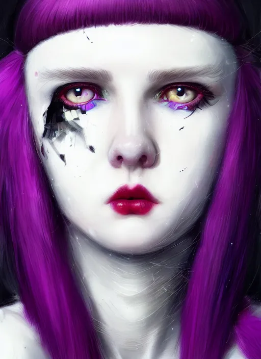 Image similar to portrait of white teenage girl, normal face, white bangs, mall goth, cyberlox, black and white hair, bangs, fluffy bangs, red contact lenses, purple lipstick, intricate, elegant, highly detailed, digital painting, artstation, concept art, sharp focus, smooth, illustration, art by wlop, mars ravelo and greg rutkowski