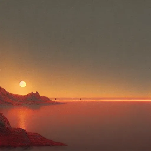 Image similar to landscape, shore of the lake, glowing red, by edgar maxence and ross tran, zdzisław beksinski, and michael whelan, distant, gustav dore, h. r. giger, 8 k, octane render