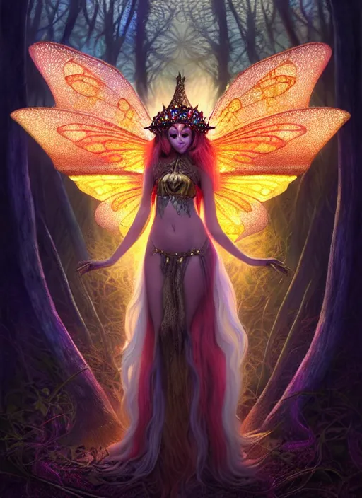 Prompt: stunningly beautiful female faerie priestess in amanita muscaria forest landscape, symmetrical wings on back, neon hair, fantasy art, wearing a dress of gossamer gold, inner glow, illustration, dramatic lighting, soft details, painting, art nouveau, octane render, 8 k, hd, by edmund blair leighton, brom, charlie bowater, faces by otto schmidt