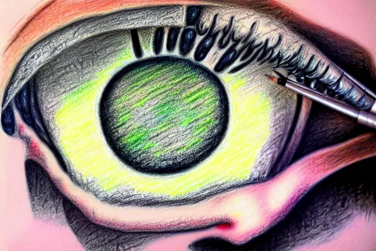 Image similar to a pastel drawing of horrific depiction of eye surgery, eyes of a person.