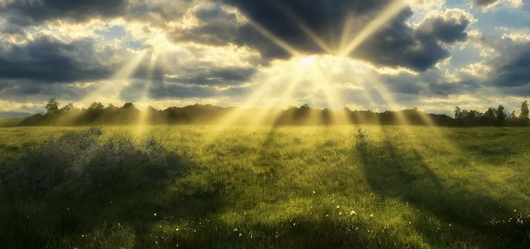 Prompt: a beautiful picture of a turbulent cloud over an idyllic meadow, bright god rays breaking through, intricate detail, sunset, serene, hazy, volumetric lighting, volumetric clouds, 8 k, hyperrealistic, digital art trending on artstation