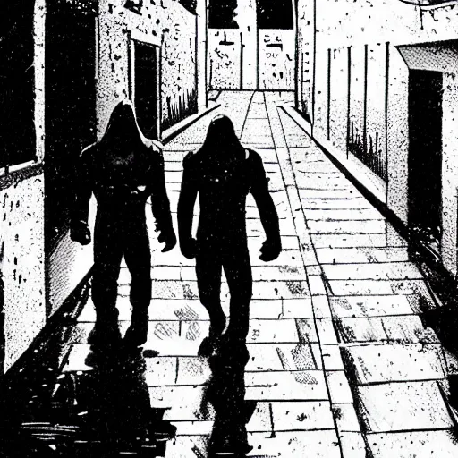 Image similar to masked wrestlers walking in a rainy alley, art by tomm coker and john paul leon, dramatic shadows