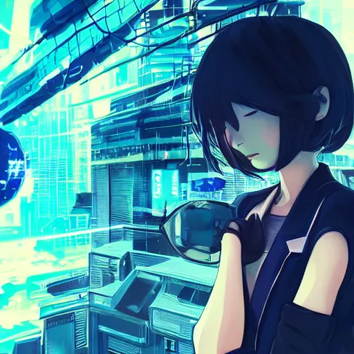 Image similar to Frequency indie album cover, luxury advertisement, blue filter, blue and black colors. Clean and detailed post-cyberpunk sci-fi close-up schoolgirl in asian city in style of cytus and deemo, blue flame, relaxing, calm and mysterious vibes, by Tsutomu Nihei, by Yoshitoshi ABe, by Ilya Kuvshinov, by Greg Tocchini, nier:automata, set in half-life 2, GITS, Blade Runner, Neotokyo Source, Syndicate(2012), dynamic composition, beautiful with eerie vibes, very inspirational, very stylish, with gradients, surrealistic, dystopia, postapocalyptic vibes, depth of field, mist, rich cinematic atmosphere, perfect digital art, mystical journey in strange world, beautiful dramatic dark moody tones and studio lighting, shadows, bastion game, arthouse