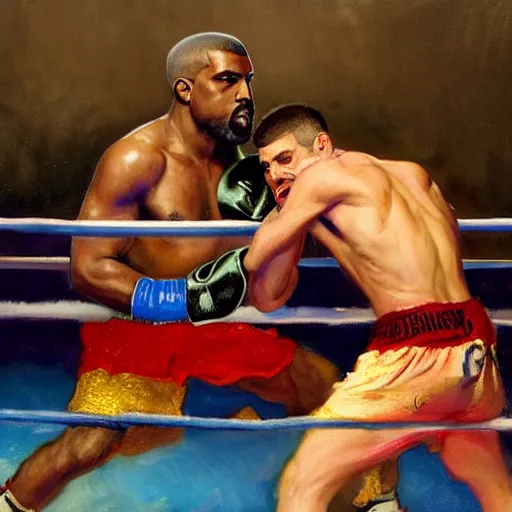 Image similar to a beautiful painting of kanye west knocking out pete davidson in a boxing ring, rendered art, highly detailed painting by gaston bussiere, craig mullins, j. c. leyendecker 8 k, trending on artstation, watercolor