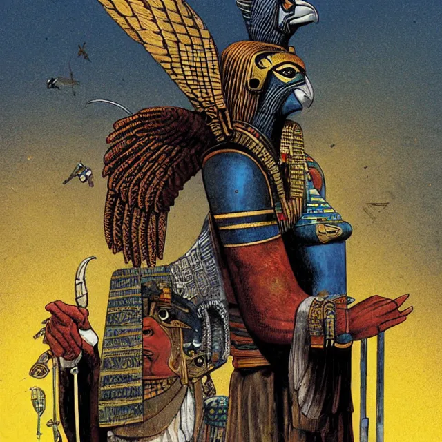 Prompt: Horus the falcon headed egyptian god by Enki Bilal and Dave McKean