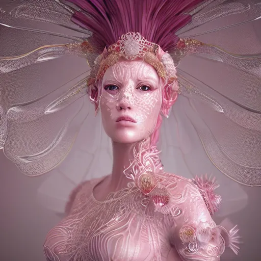 Prompt: a majestic woman wearing an intricate and detailed armor made of candy floss. layers. textures. delicate. elaborate. translucent. soft. ethereal. fragile. vulnerable. studio portrait. photorealistic. octane render