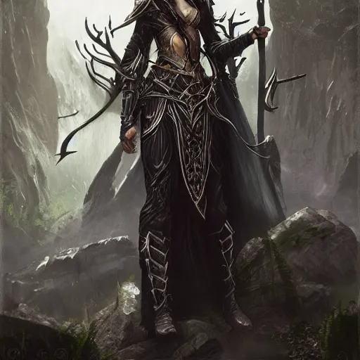 Prompt: A portrait of a female elven druid shaman wearing black leather armor, Magic the Gathering art, art by greg rutkowski, matte painting, trending on artstation, very detailed