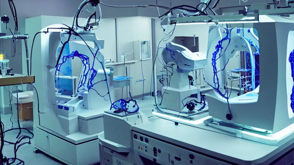 Image similar to a complex bifurcated surgical arm hybrid mri 3 d printer machine making colorful mutant forms with control panels in the laboratory inspection room, film still from the movie directed by denis villeneuve with art direction by salvador dali, wide lens