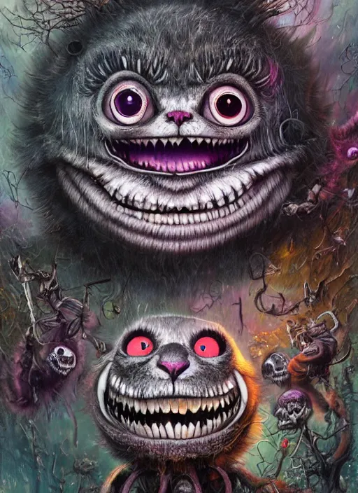 Prompt: cheshire cat, angry, scary, cheeky, welding googles, skull, highly detailed, cinematic, 8 k, by megan duncanson, benjamin lacombe, stanley artgermm, tom bagshaw, craig mullins, carne griffiths, ayami kojima, beksinski, giger, trending on deviantart, hyper detailed, horror, full of colour