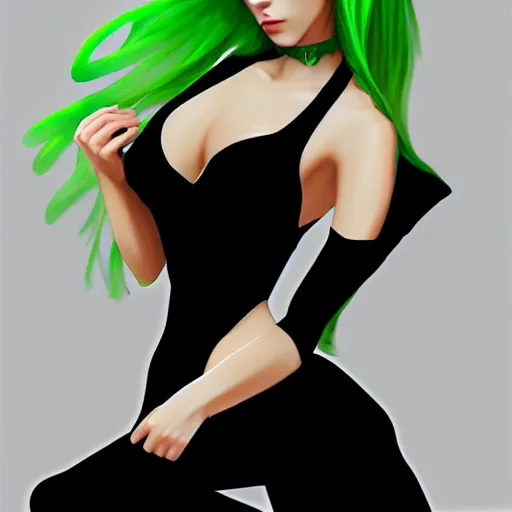 Image similar to long shot of blonde girl in black top, and with green eyes, digital art, trending on artstation