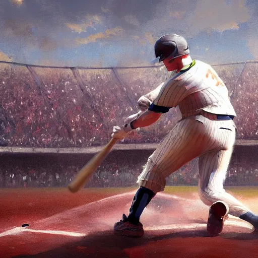 Image similar to baseball player hitting the ball with the baseball bat in the middle of the game and in front of everyone in the stadium, james gurney painting style, greg rutkowski, artstation