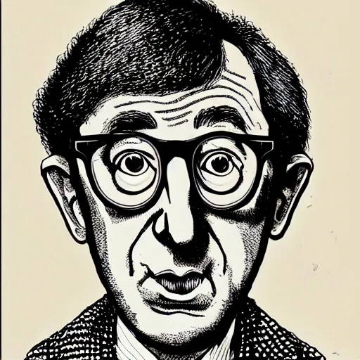 Prompt: a portrait illustration of Woody Allen drawn by ROBERT CRUMB