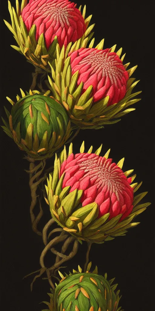 Image similar to detailed king proteas and pincushions against a black backdrop by thomas cole, artstation