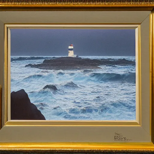 Prompt: moonlit waves on the shore with longship's lighthouse, cornwal, land's end, by albert julius olson