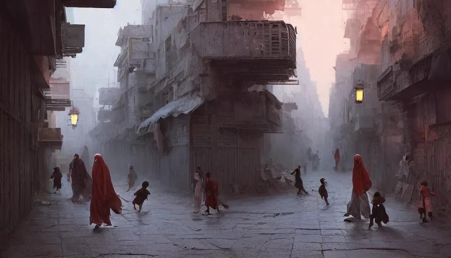 Image similar to old jeddah city alley, roshan, shops, a big magical glowing time portal, a nomad wearing a worn out coat, plants, kids, dramatic lighting sci fi, by caspar david friedrich by beeple and james gilleard and justin gerard, centered, artstation, smooth, sharp focus, photoreal octane render, 3 d, by jean baptiste monge