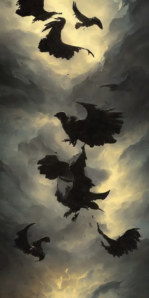 Prompt: ominous swirling ravens by peter mohrbacher and agostino arrivabene, vladimir kush, mysterious, dark fantasy art, flying, swirling, beautiful full moon, detailed thick black swirling smoke tornado, particles, fire embers, artstation