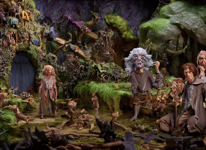 Image similar to studio photography of a fantasy claymation diorama of the dark crystal, zeiss lens, detailed, by erwin olaf, joop geesink, wes anderson, jim henson, brian froud, breathtaking, 8 k resolution, extremely detailed, beautiful, establishing shot, realistic materials, weta digital fx manuka, unreal engine, hyperrealistic