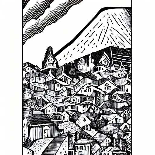 Image similar to mcbess illustration of a quaint village in the mountains