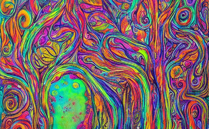 Image similar to psychedelic candy!!!!!!! forest by alexy grey, acrylic painting!!!, intricate details!!!!, fine brush!!!!!!