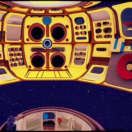 Image similar to A Wes Anderson style interior of a space ship from 2001: A Space Odyssey