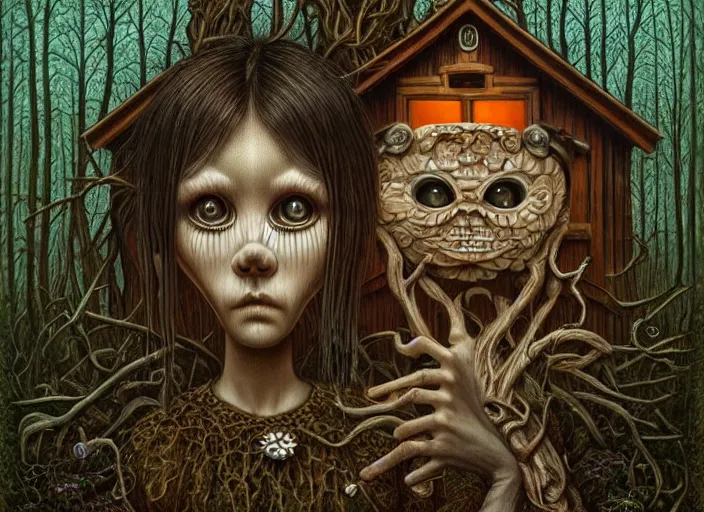 Prompt: intricate detailed portrait of a character in front of a cabin in a dark mysterious forest by mark ryden, naoto hattori, giger