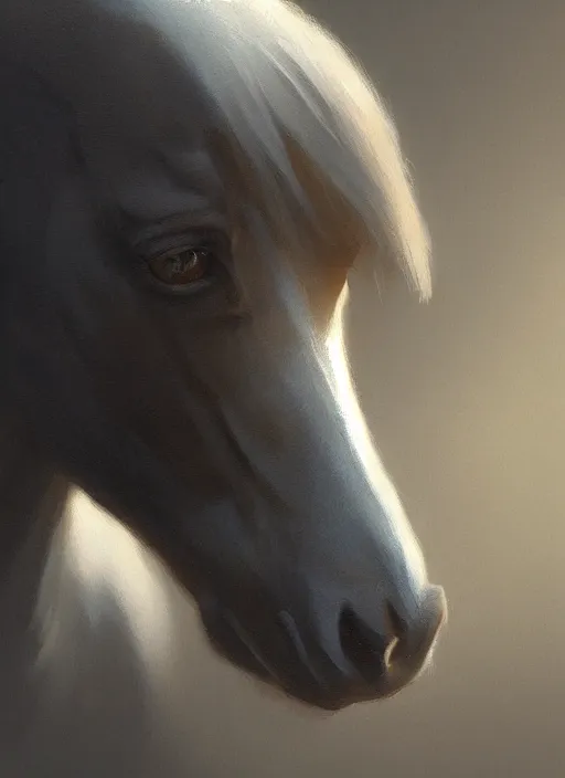 Image similar to oil painting bird's eye view of a horse on a white background seen from above, concept art, digital art, artstation, cinematic, digital art painting by greg rutkowski, cinematic lighting