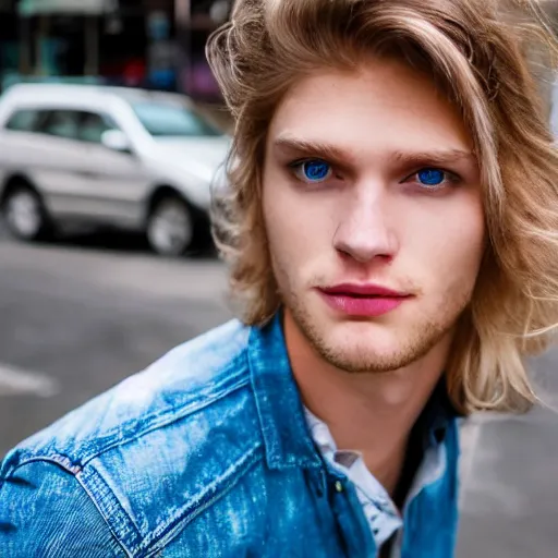 Prompt: a beautiful young man, blond, long hair, blue eyes, fair skin, in the middle of the city
