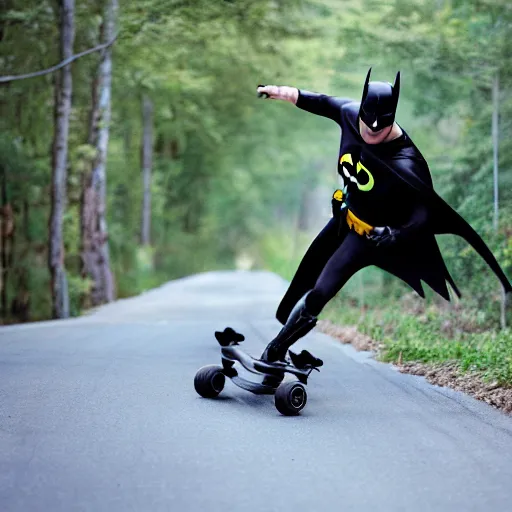 Image similar to batman riding downhill longboard, sliding, photo