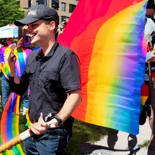 Prompt: Ben Shapiro with a flame thrower shooting it at a pride parade while laughing