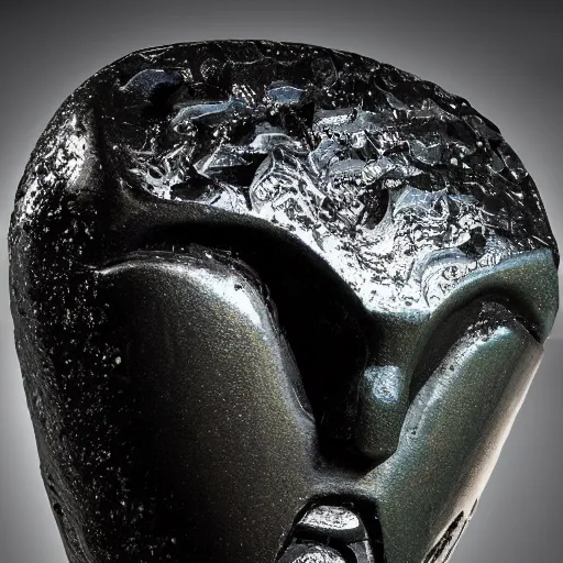 Prompt: photo of fragmented Obsidian Babylonian sculpture of Fizz (league of legends) made of Obsidian, Obsidian!! (EOS 5DS R, ISO100, f/8, 1/125, Museum, postprocessed)