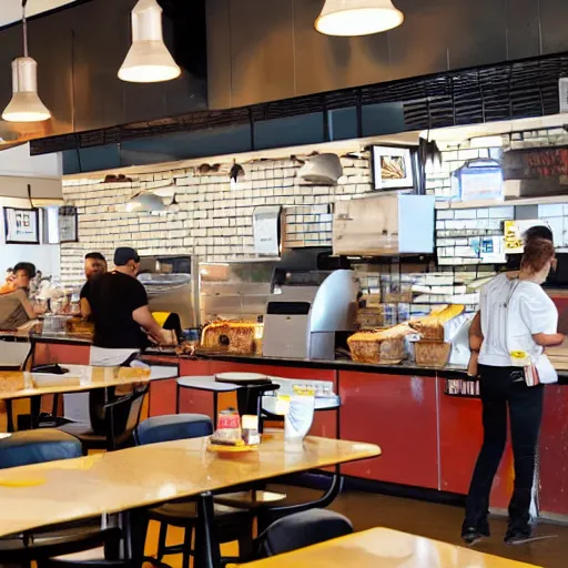 Image similar to busy wafflehouse interior with customers eating breakfast and wafflehouse employees serving food and cooking behind countertop