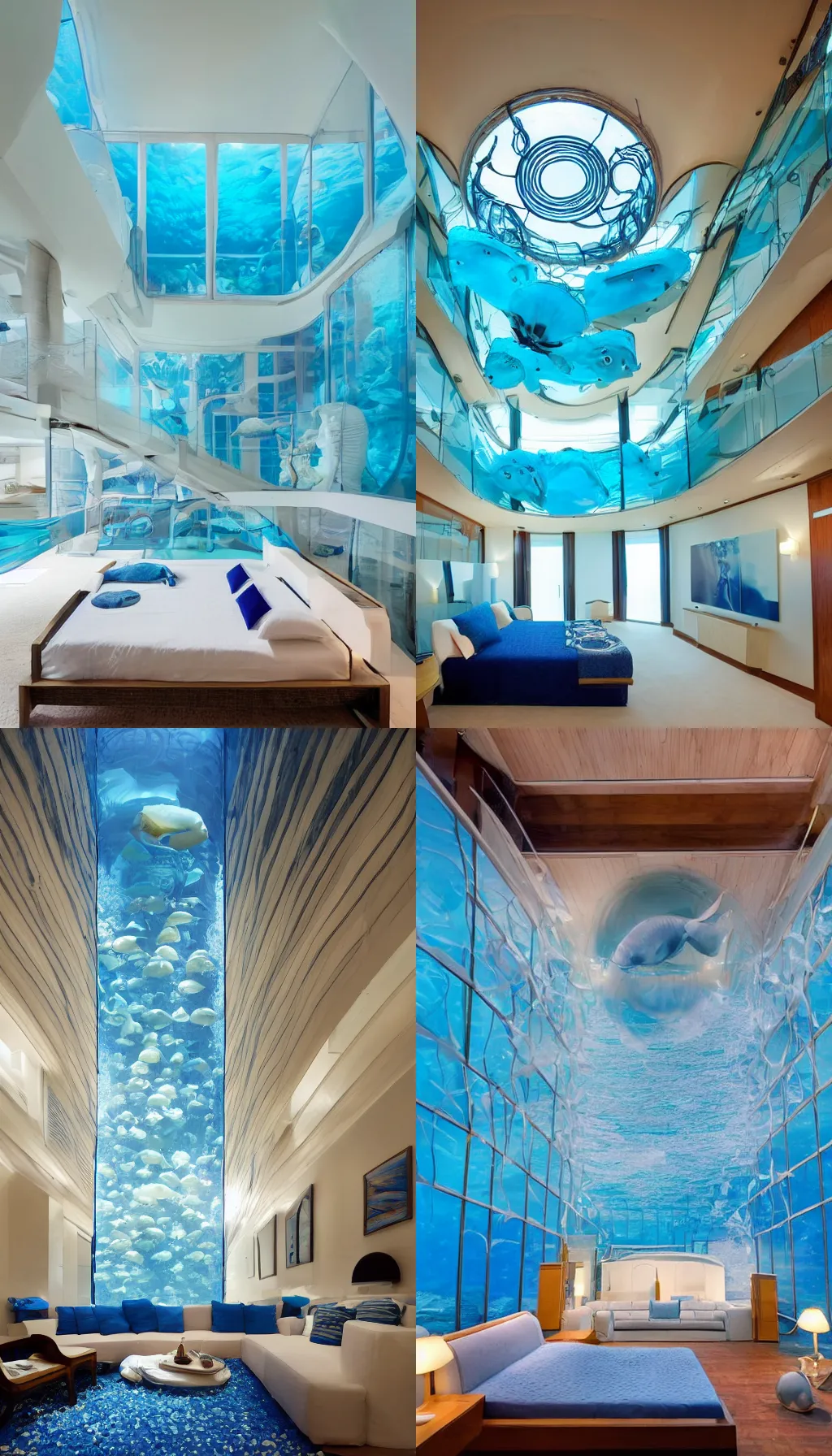 Prompt: interior architecture of a large underwater room, bed, sofa, one large room, very tall ceilings, huge windows with sea creatures floating by, modernist, blue lighting