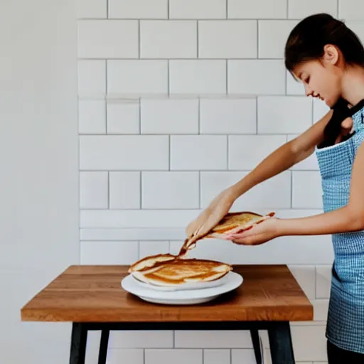 Prompt: a beautiful girl cooks delicious pancakes in a minimalist kitchen with white walls, a red oak table.