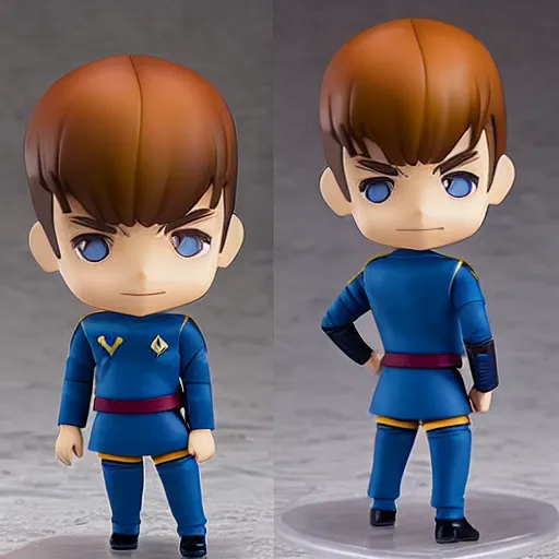 Image similar to spock from the tv series star trek, serious look, pointed ears, spock haircut, as an anime nendoroid, starfleet uniform, detailed product photo