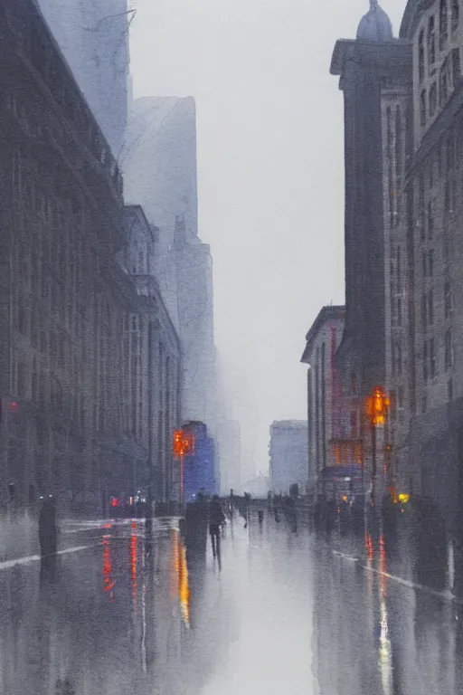 Image similar to A poetic watercolor of an empty Shanghai Bund, rainy street, cloudy overcast sky, poignant, high contrast of light and dark, smooth, by Joseph Zbikowicz, 8k
