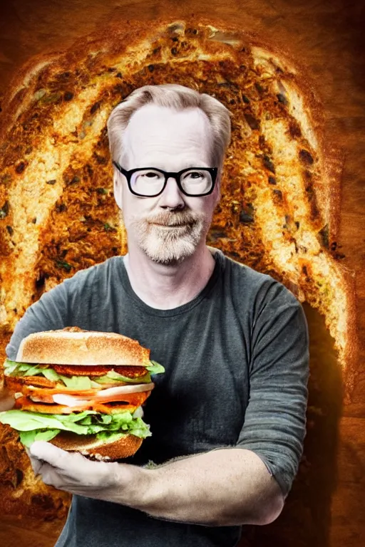 Image similar to 📷 portrait of adam savage the sandwich, made of food, still image, dynamic lighting, 4 k