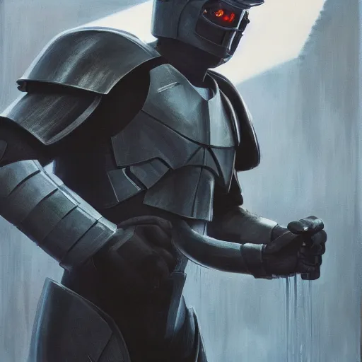 Image similar to sylvester stallone in cyber spartan armor, tech noir, wet reflections, prism, atmospheric, ambient, pj crook, syd mead, livia prima, greg rutkowski, edward hopper