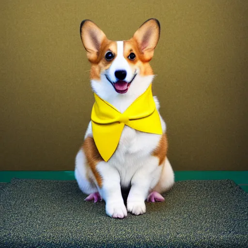 Image similar to a corgi looking at the camera, sitting on a yellow platform, wearing an elegant gucci leather vest, studio lighting, yellow background, 4K HD photography, 85mm