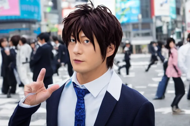 Prompt: close up photo of tamaki suoh from the live action adaptation of ouran highschool host club, shot on location at shibuya crossing, red weapon 8 k s 3 5, cooke anamorphic / i lenses, highly detailed, cinematic lighting