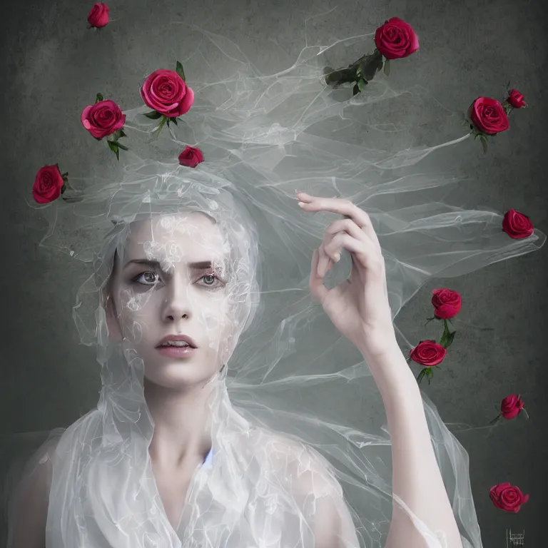 Image similar to hight focus of a wonderful realistic focused sweet wonderful symmetrical centered mid portrait of a lonely woman with a detailed wonderful, majestic, large semi transparent white cotton dress ornate with semi transparent black cotton roses and semi transparent white veils, dramatic light, octane render, - 8 k