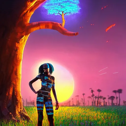 Image similar to an african cyberpunk hacker girl with her headset plugged into a giant glowing baobab tree in the middle of a field of flowers at sunset, by greg rutkowski and android jones in a surreal portrait style, oil on canvas, 8k hd, synthwave colors!!