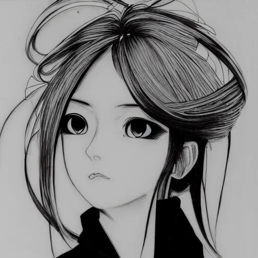 Image similar to Highly detailed Renaissance oil portrait in three quarter angle of an anime girl with white hair and black eyes wearing office suit in the style of Yoshitaka Amano drawn with expressive brush strokes, abstract floral black and white background, film grain effect