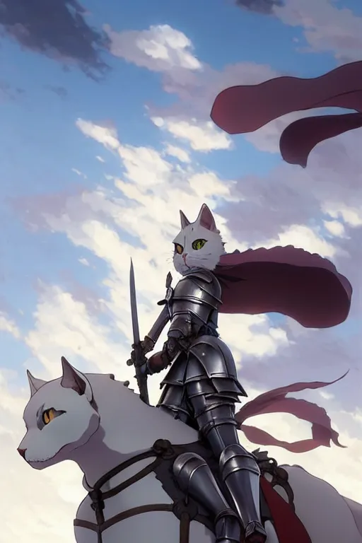 Image similar to a full body of the female knight riding a heavy armored giant cat, finely detailed features, closeup at the faces, perfect art, gapmoe yandere grimdark, trending on pixiv fanbox, painted by greg rutkowski makoto shinkai takashi takeuchi studio ghibli, akihiko yoshida