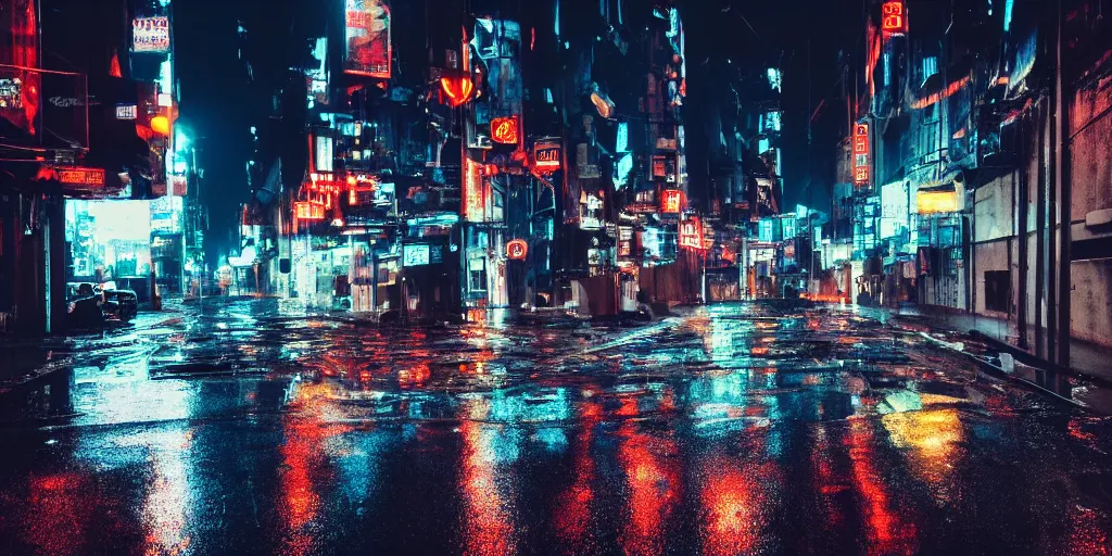 Image similar to a city street at night, raining, photograph, cyberpunk, sharp focus, intricate detail, Desolate, drone shot, high resolution, 8k, neon streetlights, wires hanging down everywhere