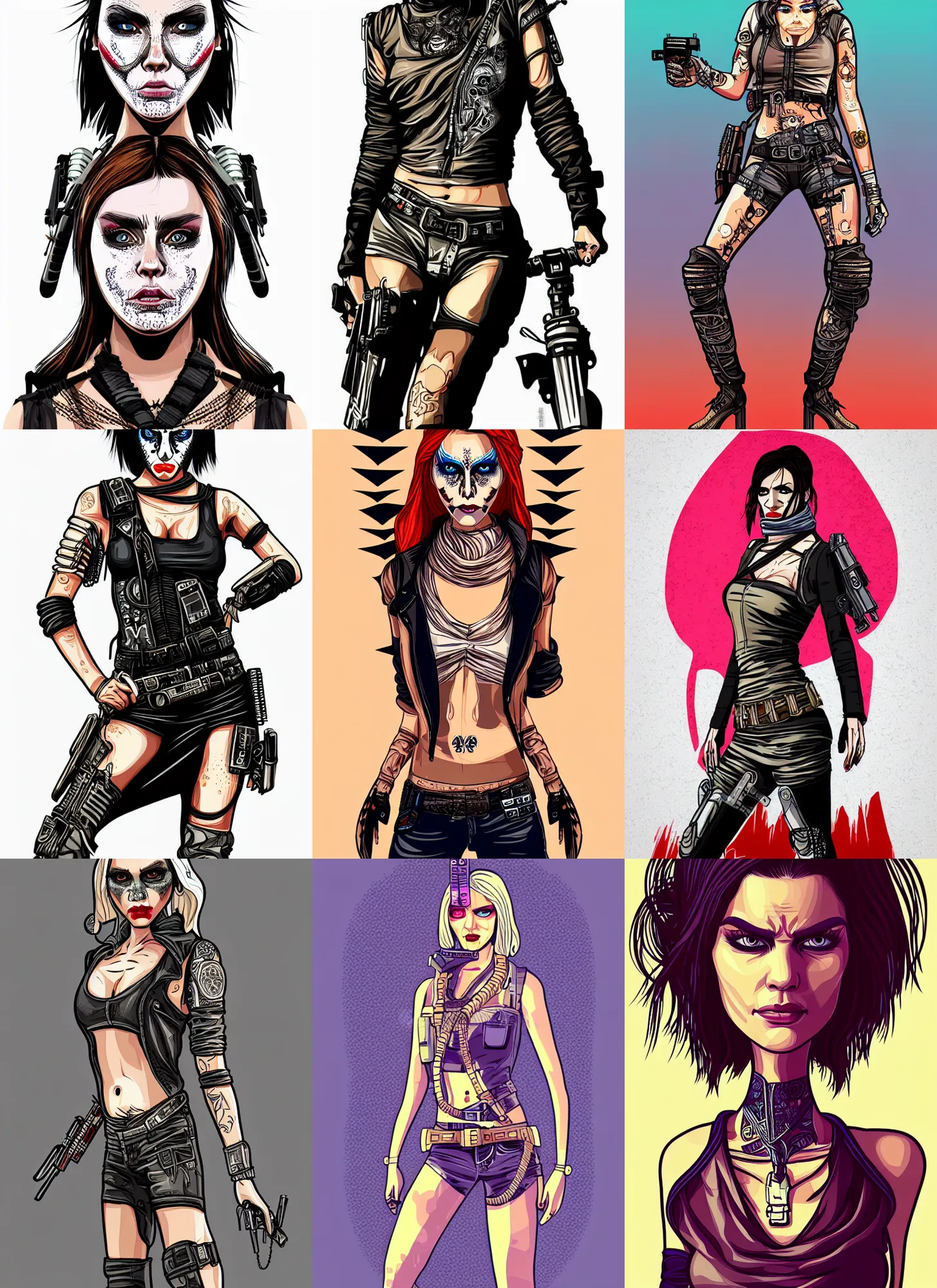 Prompt: detailed full body concept, mad max female with beautiful face and eyes wearing intricate clothing, digitgal illustration in the style of a gta artwork, vector art