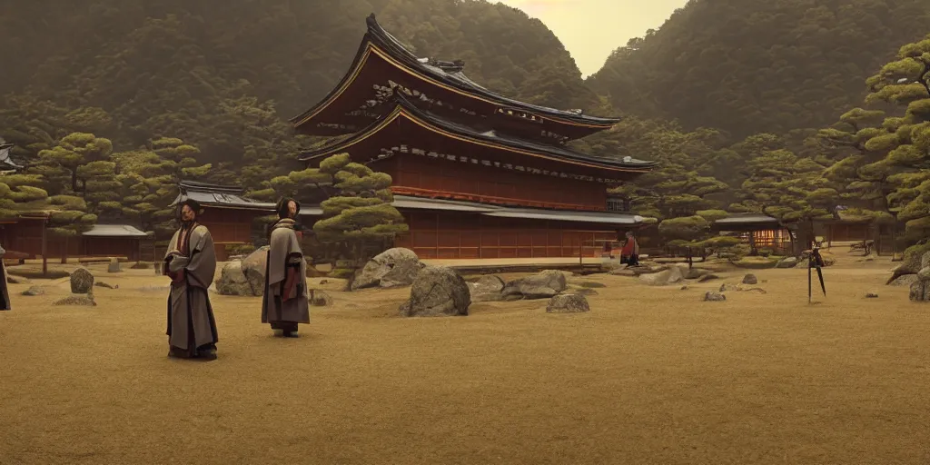 Image similar to a film still of a japanese samurai temple in a japanese blockbuster film, landscape, shallow depth of field, cinematic, award winning cgi, vfx, film still