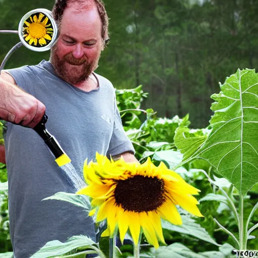 Image similar to a realistic photograph of Crazy Dave watering a Sunflower